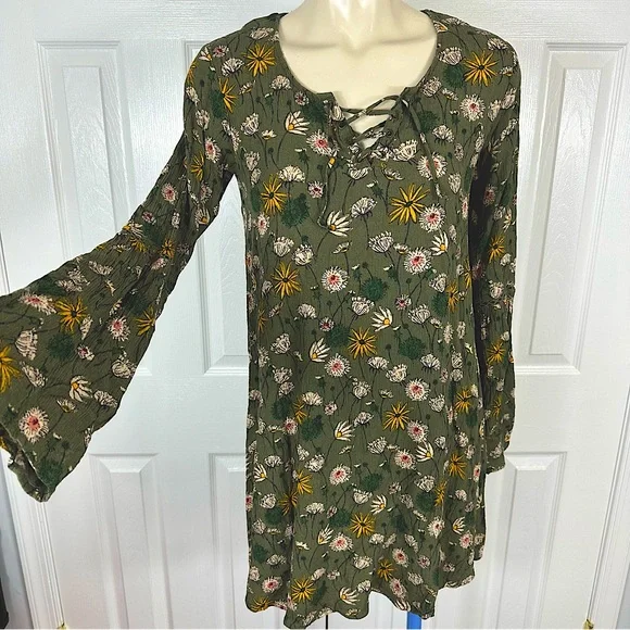MOSSIMO SUPPLY CO mini dress TUNIC TOP floral boho print olive green gold S - Picture 1 of 6